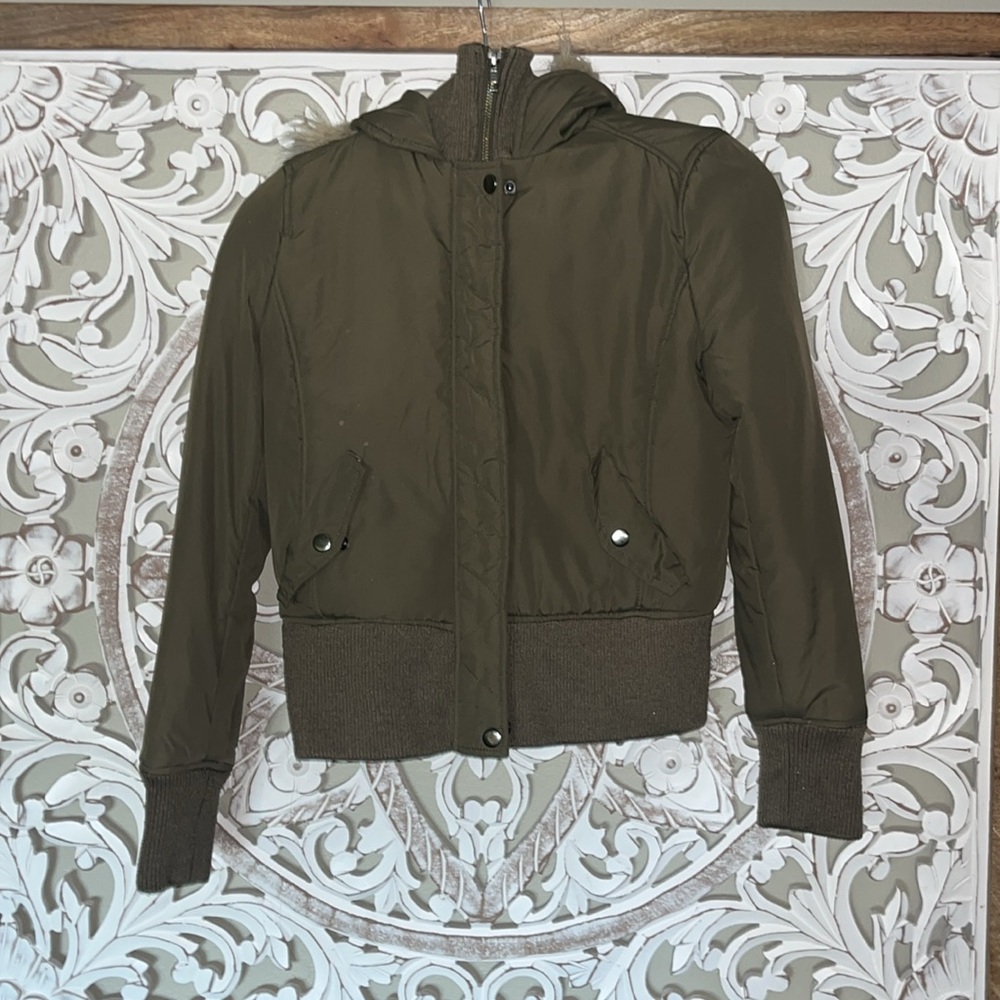 BP Nordstroms Faux Fur Lined Hooded Cropped Utility Jacket Olive Green Junior S